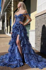 Sparkly Fuchsia Ruffled Long Prom Dress with Slit