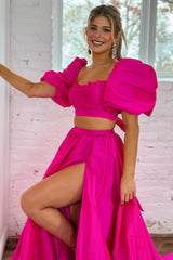 Hot Pink A-Line Short Sleeves Long Prom Dress with Slit