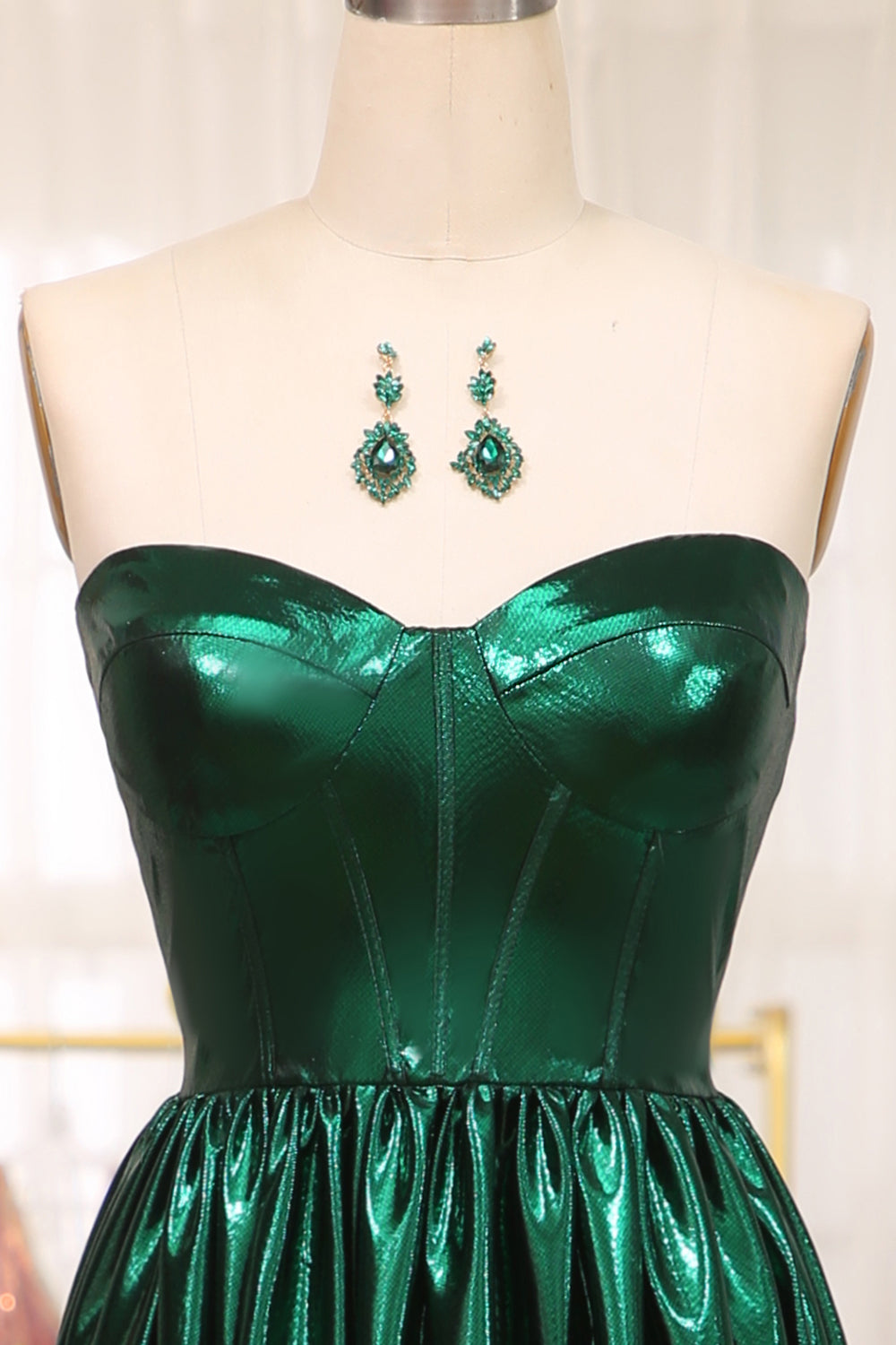 Sparkly Dark Green A Line Strapless Long Pleated Prom Dress