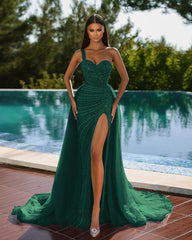 Gorgeous One Shoulder Sleeveless Mermaid Split Evening Dress Sequins with Tulle Overskirt