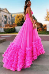 Hot Pink Corset Sweetheart A-Line Long Prom Dress with Ruffles