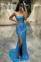 Glitter Blue Mermaid Square Neck Long Prom Dress With Slit