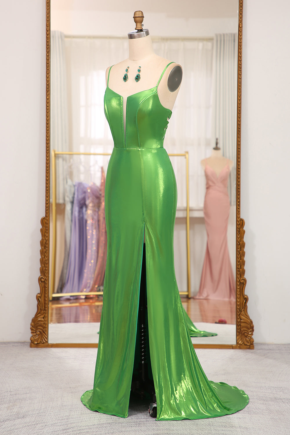 Bright Green Mermaid Spaghetti Straps Long Prom Dress With Slit