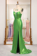 Bright Green Mermaid Spaghetti Straps Long Prom Dress With Slit