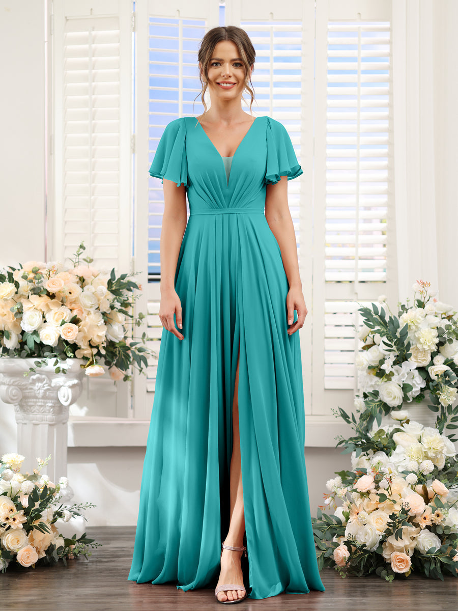 A-Line Deep V-Neck Short Sleeves Split Side Chiffon Bridesmaid Dresses Aqua Blue