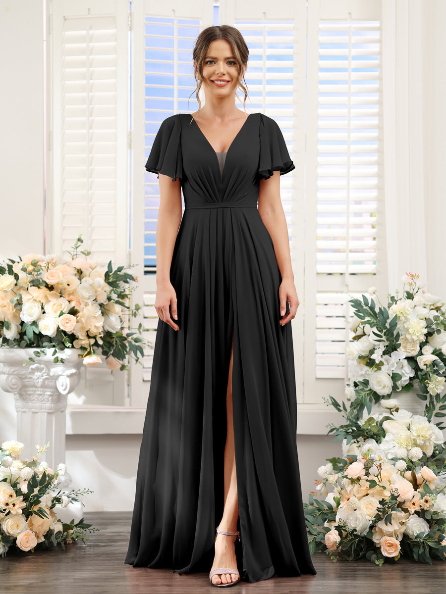 A-Line Deep V-Neck Short Sleeves Split Side Chiffon Bridesmaid Dresses Black
