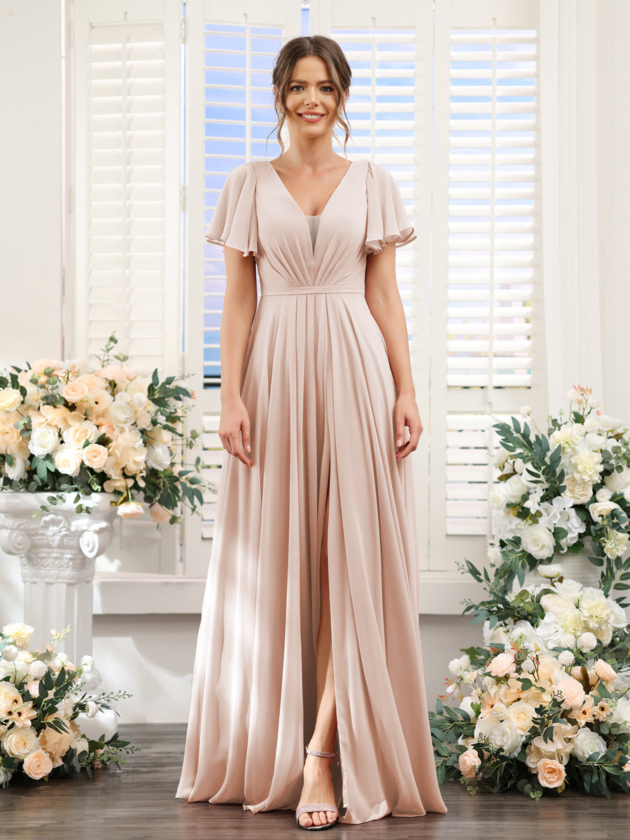 A-Line Deep V-Neck Short Sleeves Split Side Chiffon Bridesmaid Dresses Blush Pink