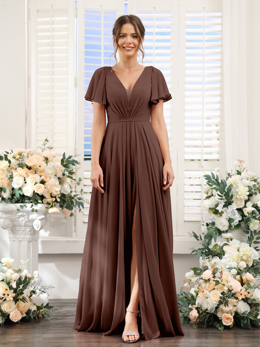 A-Line Deep V-Neck Short Sleeves Split Side Chiffon Bridesmaid Dresses Brown