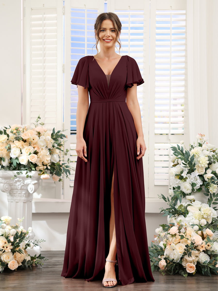 A-Line Deep V-Neck Short Sleeves Split Side Chiffon Bridesmaid Dresses Burgundy