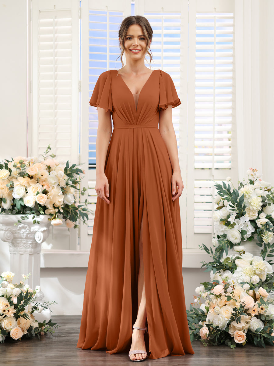 A-Line Deep V-Neck Short Sleeves Split Side Chiffon Bridesmaid Dresses Burnt Orange