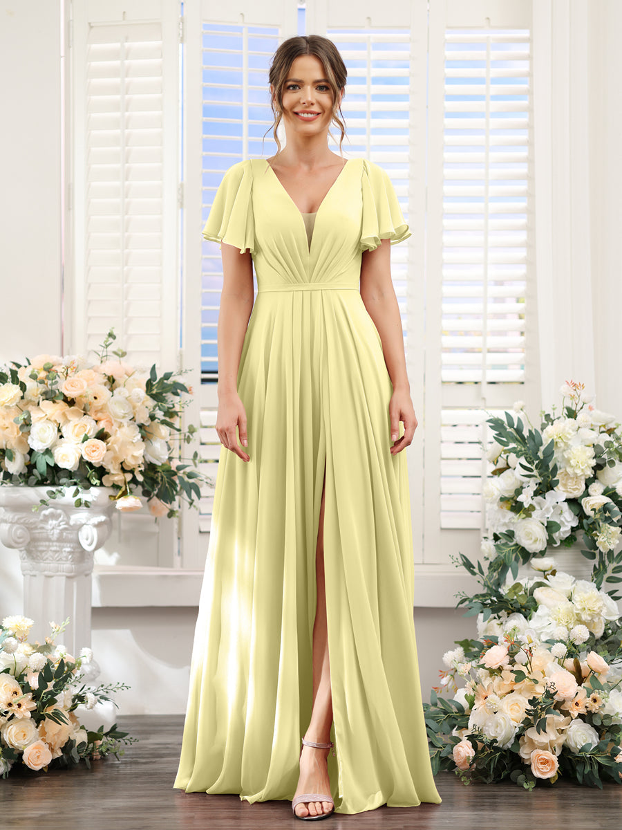 A-Line Deep V-Neck Short Sleeves Split Side Chiffon Bridesmaid Dresses Canary