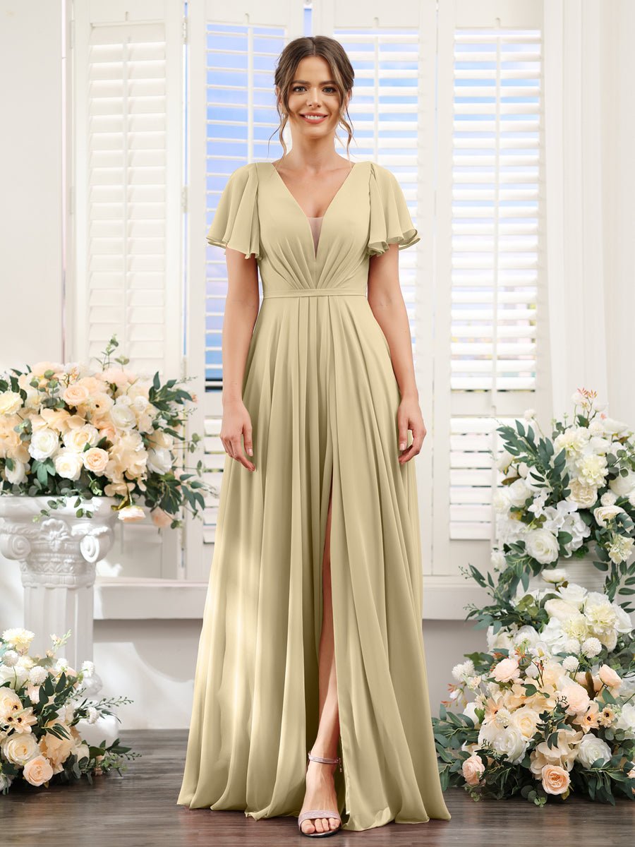 A-Line Deep V-Neck Short Sleeves Split Side Chiffon Bridesmaid Dresses Champagne