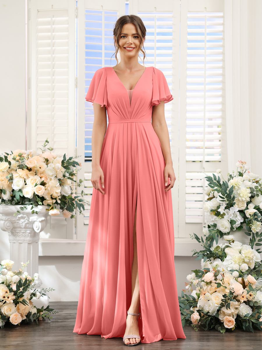 A-Line Deep V-Neck Short Sleeves Split Side Chiffon Bridesmaid Dresses Coral