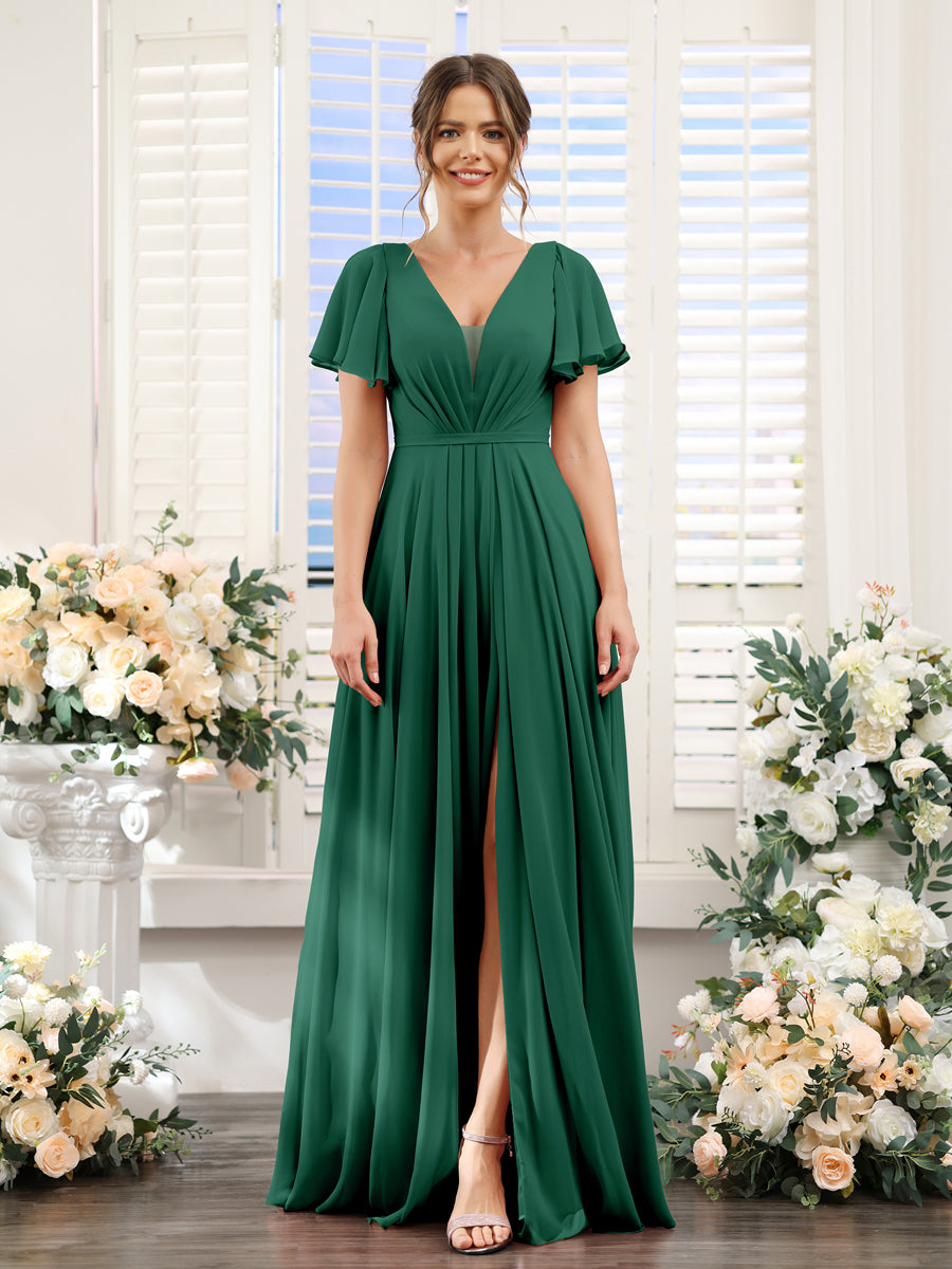 A-Line Deep V-Neck Short Sleeves Split Side Chiffon Bridesmaid Dresses Dark Green