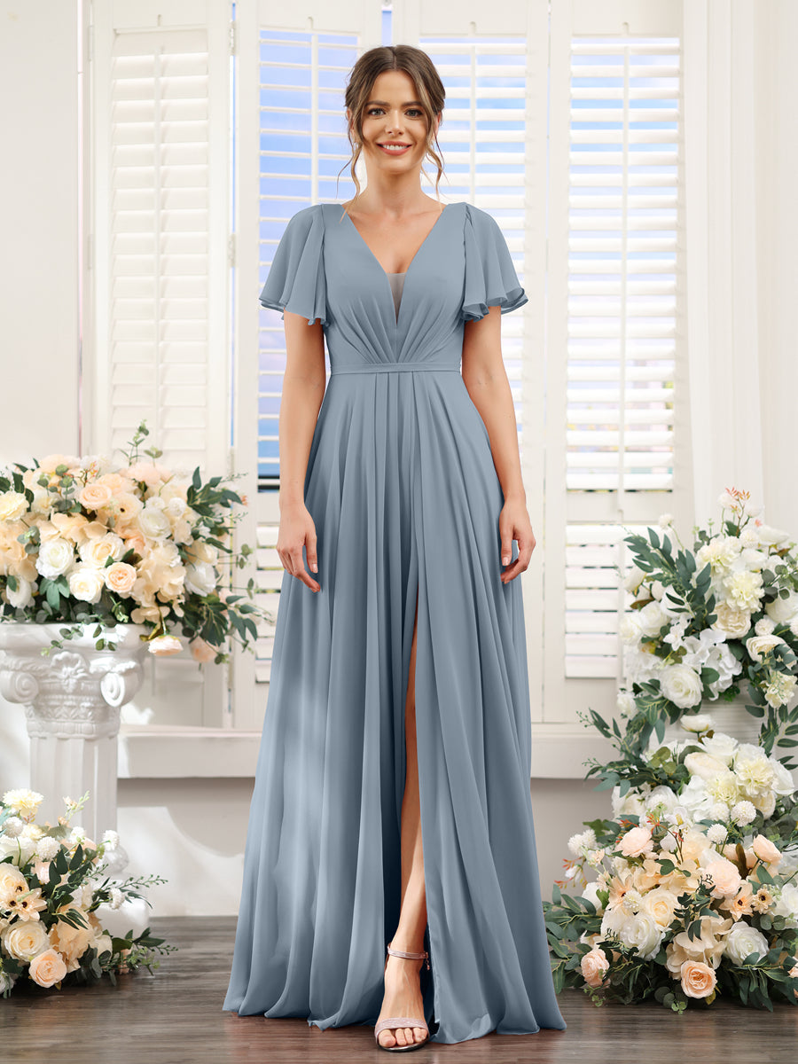 A-Line Deep V-Neck Short Sleeves Split Side Chiffon Bridesmaid Dresses Dusty Blue