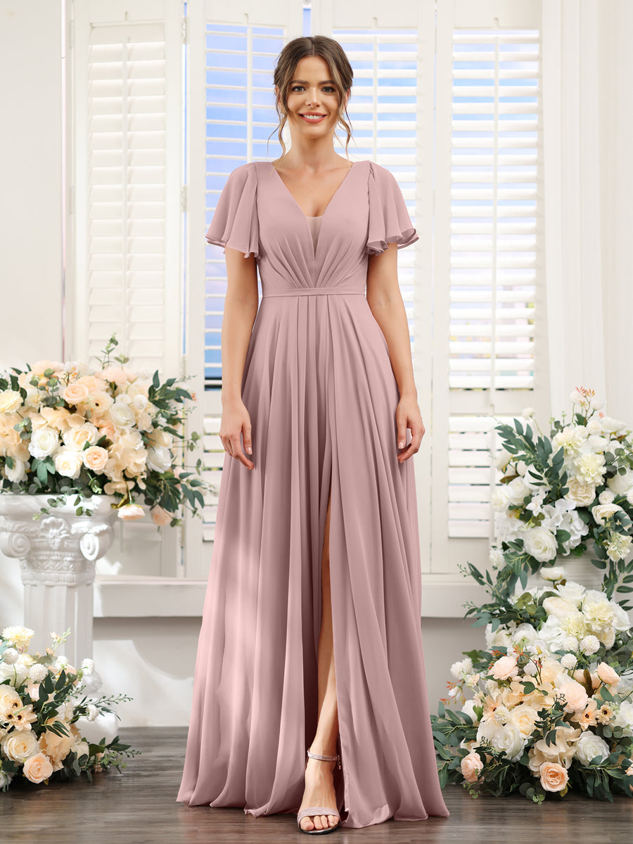 A-Line Deep V-Neck Short Sleeves Split Side Chiffon Bridesmaid Dresses Dusty Pink