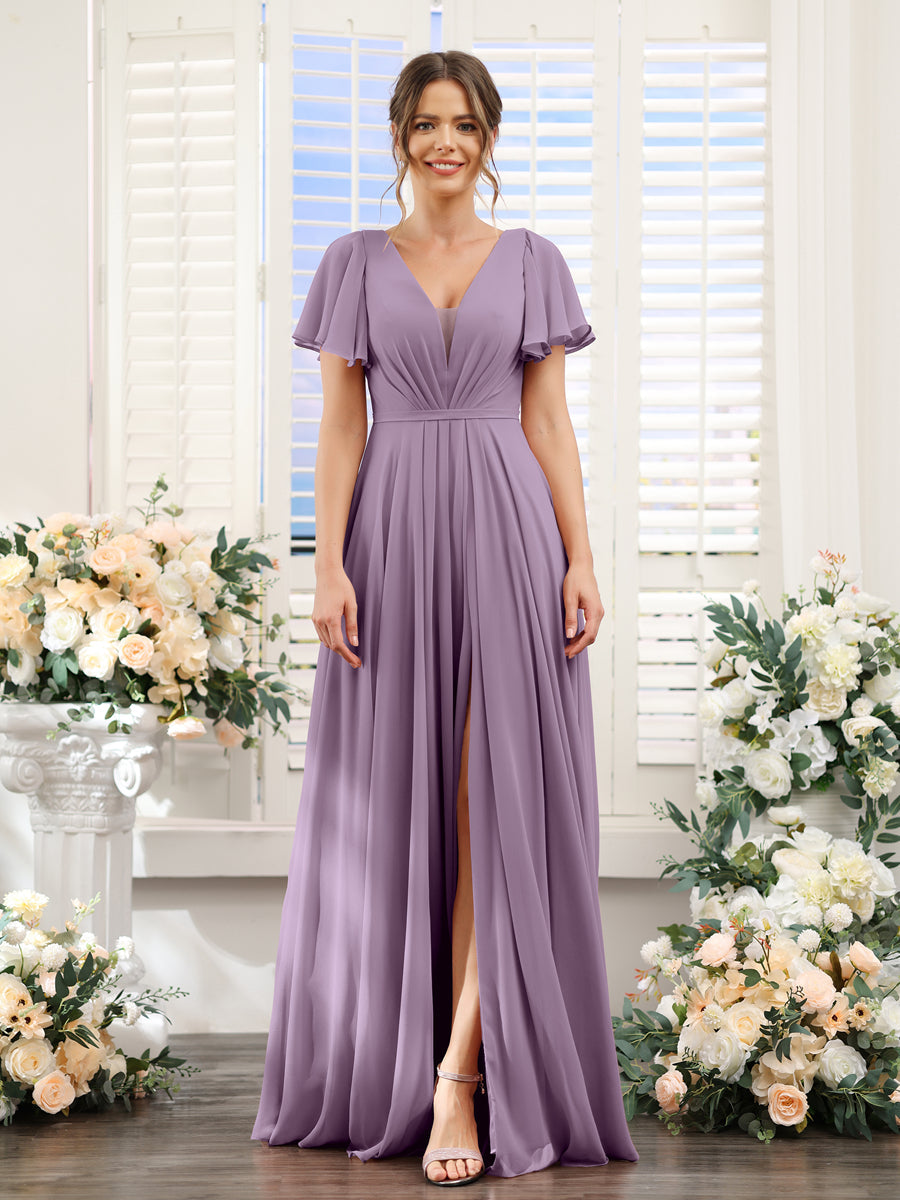A-Line Deep V-Neck Short Sleeves Split Side Chiffon Bridesmaid Dresses Dusty Purple