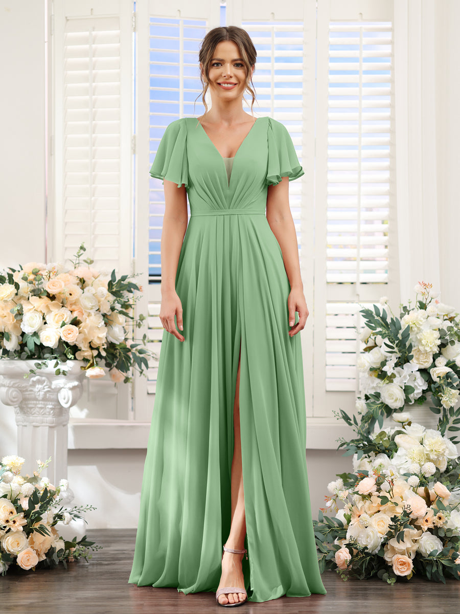 A-Line Deep V-Neck Short Sleeves Split Side Chiffon Bridesmaid Dresses Dusty Sage