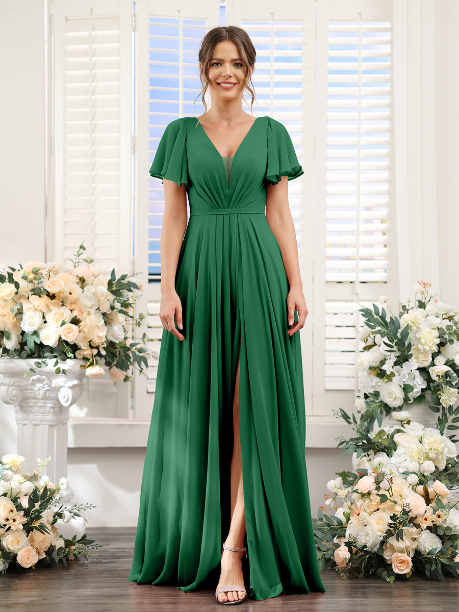 A-Line Deep V-Neck Short Sleeves Split Side Chiffon Bridesmaid Dresses Emerald