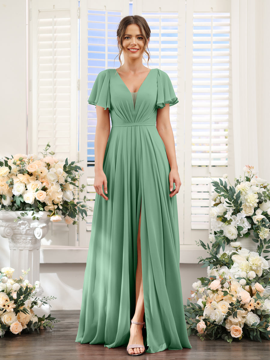 A-Line Deep V-Neck Short Sleeves Split Side Chiffon Bridesmaid Dresses Eucalyptus