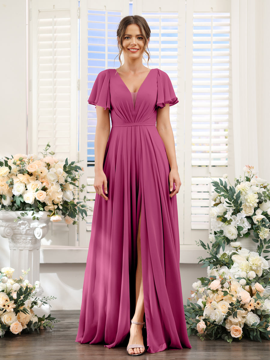 A-Line Deep V-Neck Short Sleeves Split Side Chiffon Bridesmaid Dresses Fuchsia