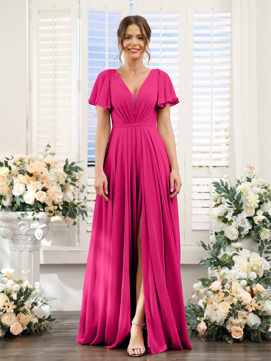 A-Line Deep V-Neck Short Sleeves Split Side Chiffon Bridesmaid Dresses Fuchsia Pink