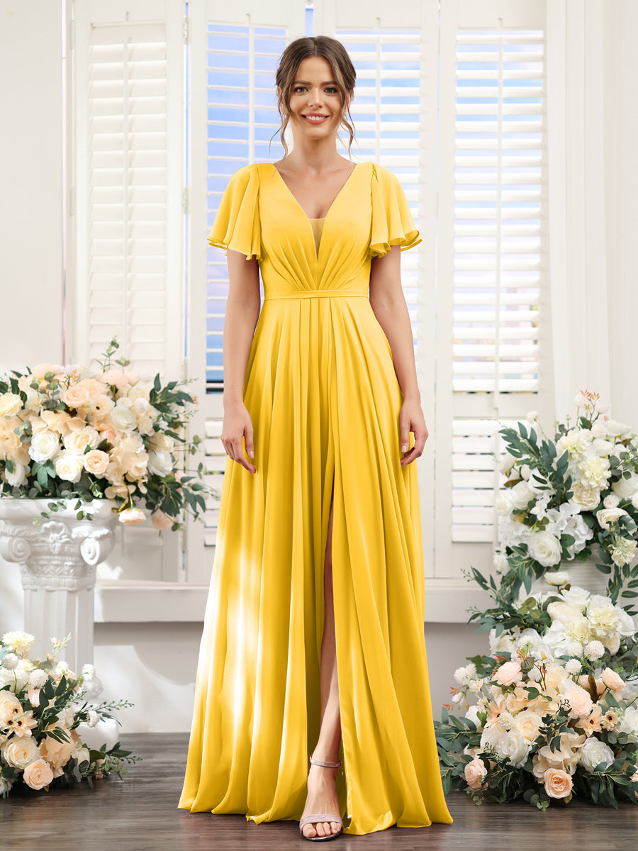 A-Line Deep V-Neck Short Sleeves Split Side Chiffon Bridesmaid Dresses Gold
