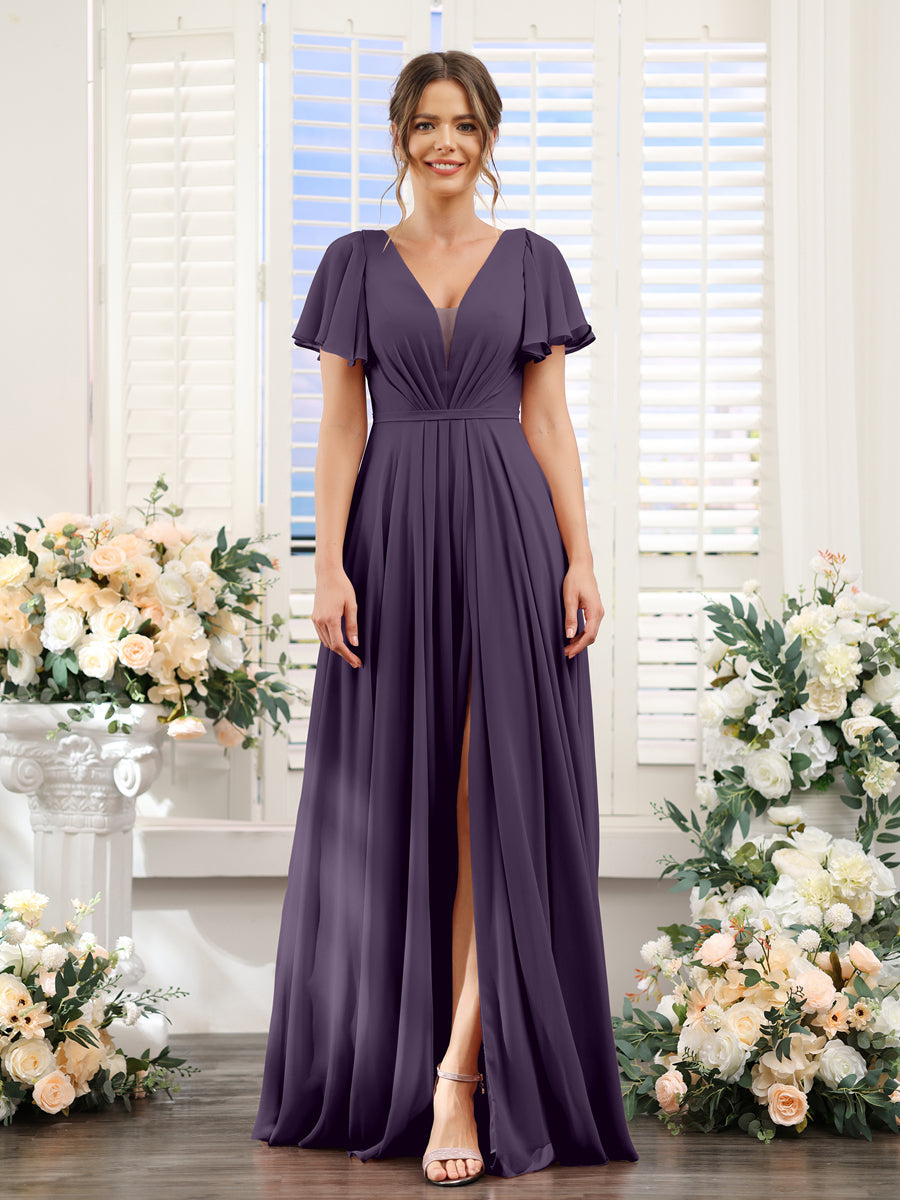 A-Line Deep V-Neck Short Sleeves Split Side Chiffon Bridesmaid Dresses Grape