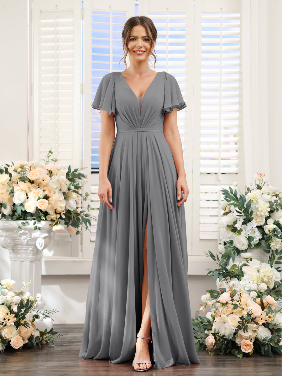 A-Line Deep V-Neck Short Sleeves Split Side Chiffon Bridesmaid Dresses Gray