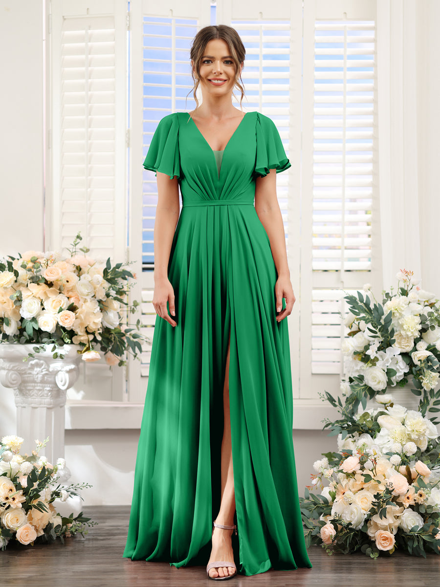 A-Line Deep V-Neck Short Sleeves Split Side Chiffon Bridesmaid Dresses Green