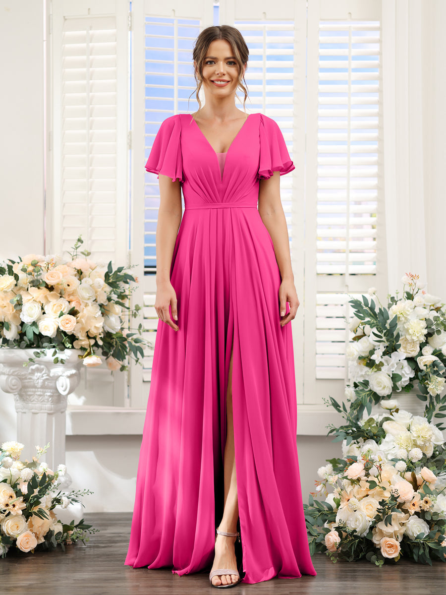A-Line Deep V-Neck Short Sleeves Split Side Chiffon Bridesmaid Dresses Hot Pink