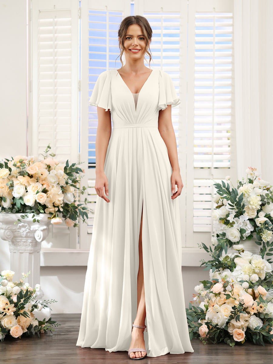 A-Line Deep V-Neck Short Sleeves Split Side Chiffon Bridesmaid Dresses Ivory