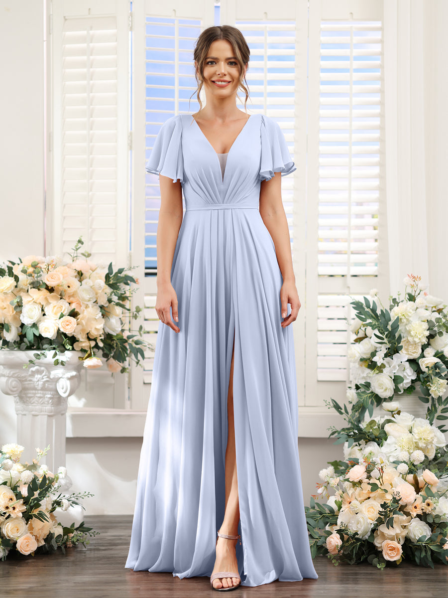 A-Line Deep V-Neck Short Sleeves Split Side Chiffon Bridesmaid Dresses Lavender