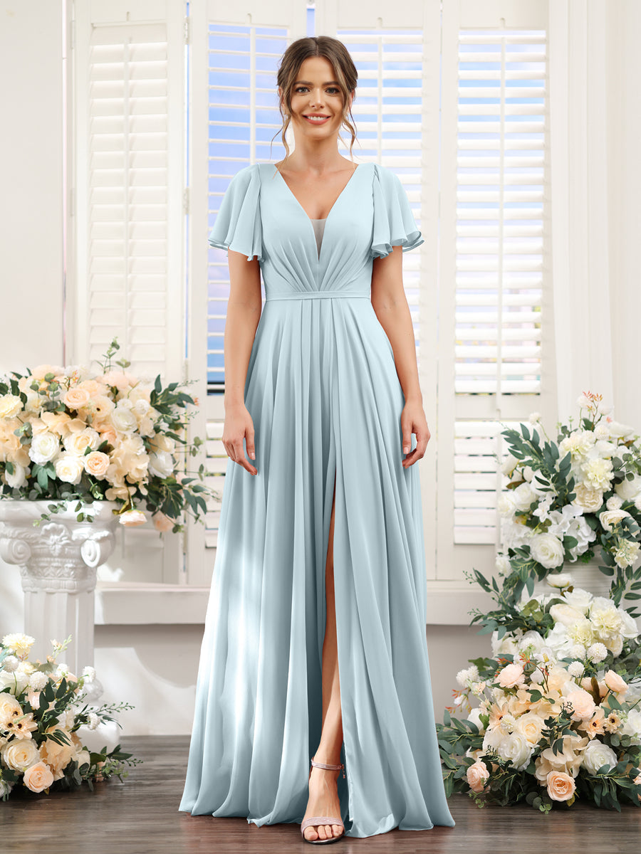 A-Line Deep V-Neck Short Sleeves Split Side Chiffon Bridesmaid Dresses Light Blue