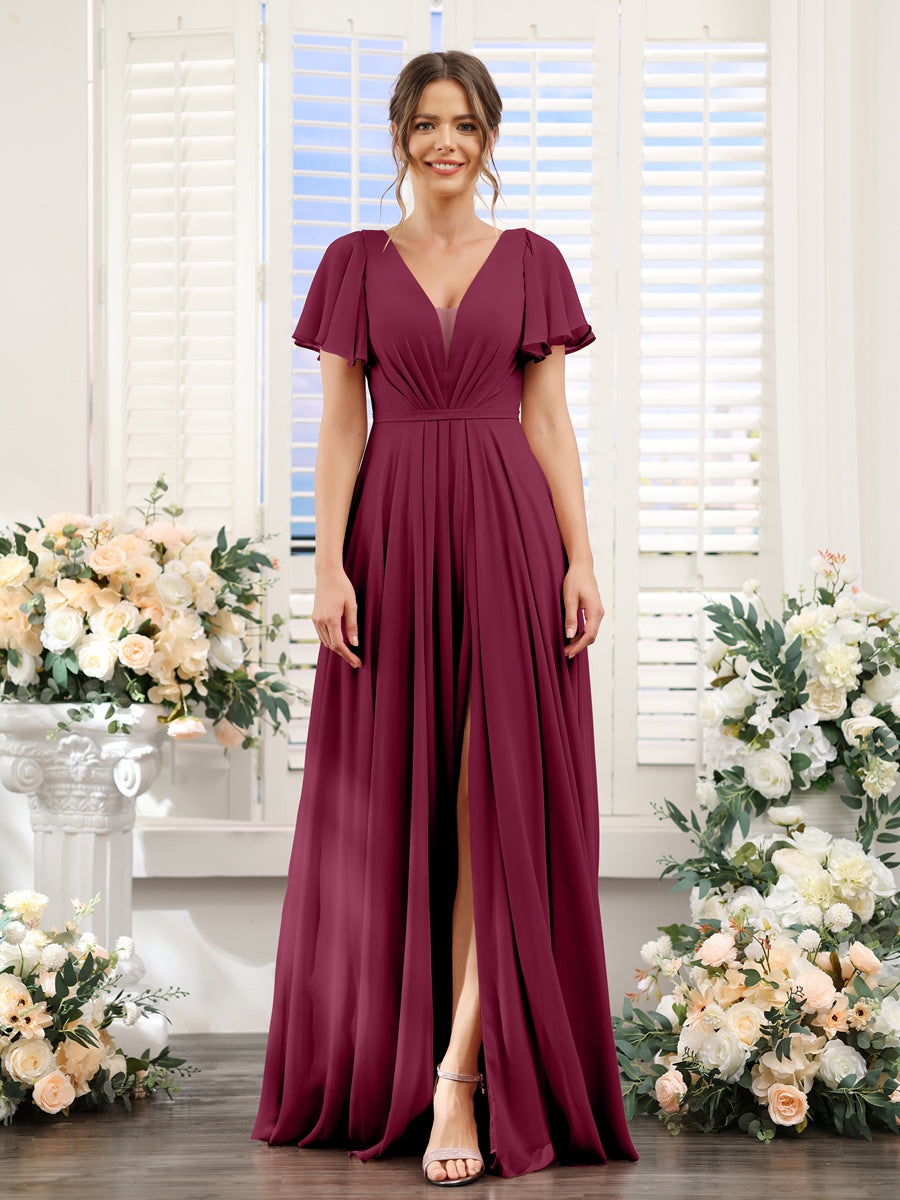 A-Line Deep V-Neck Short Sleeves Split Side Chiffon Bridesmaid Dresses Light Burgundy