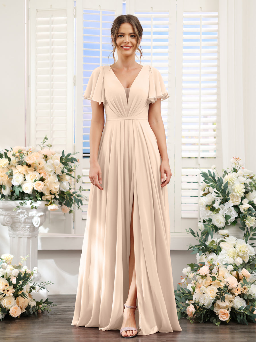 A-Line Deep V-Neck Short Sleeves Split Side Chiffon Bridesmaid Dresses Light Champagne