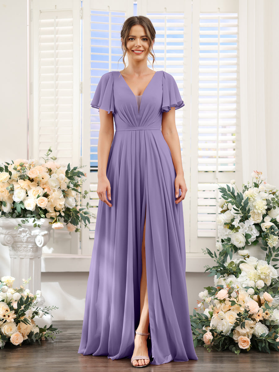 A-Line Deep V-Neck Short Sleeves Split Side Chiffon Bridesmaid Dresses Light Purple