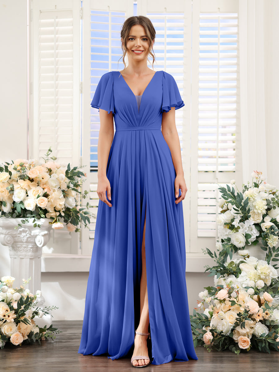 A-Line Deep V-Neck Short Sleeves Split Side Chiffon Bridesmaid Dresses Light Royal Blue