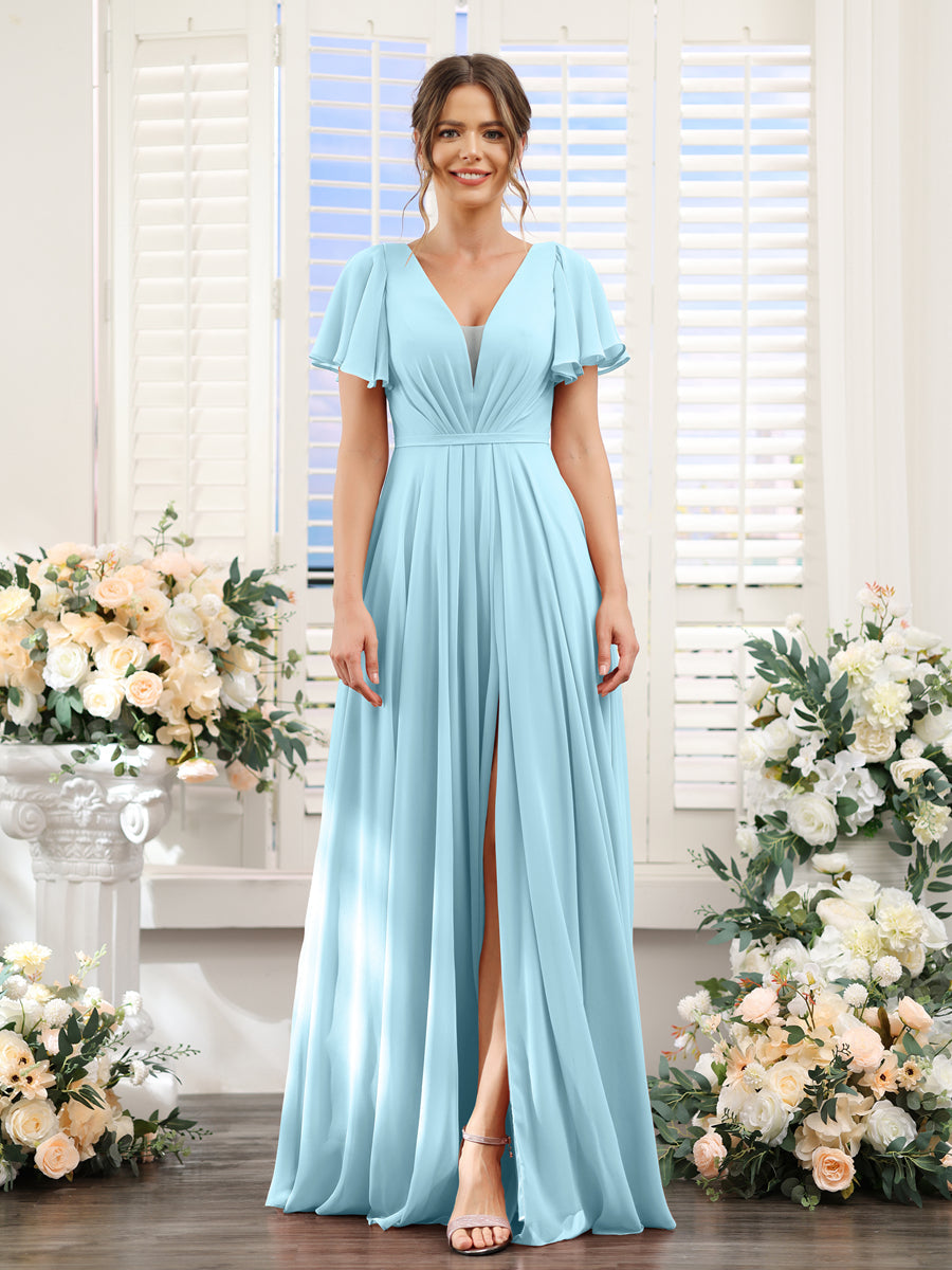 A-Line Deep V-Neck Short Sleeves Split Side Chiffon Bridesmaid Dresses Light Sky Blue
