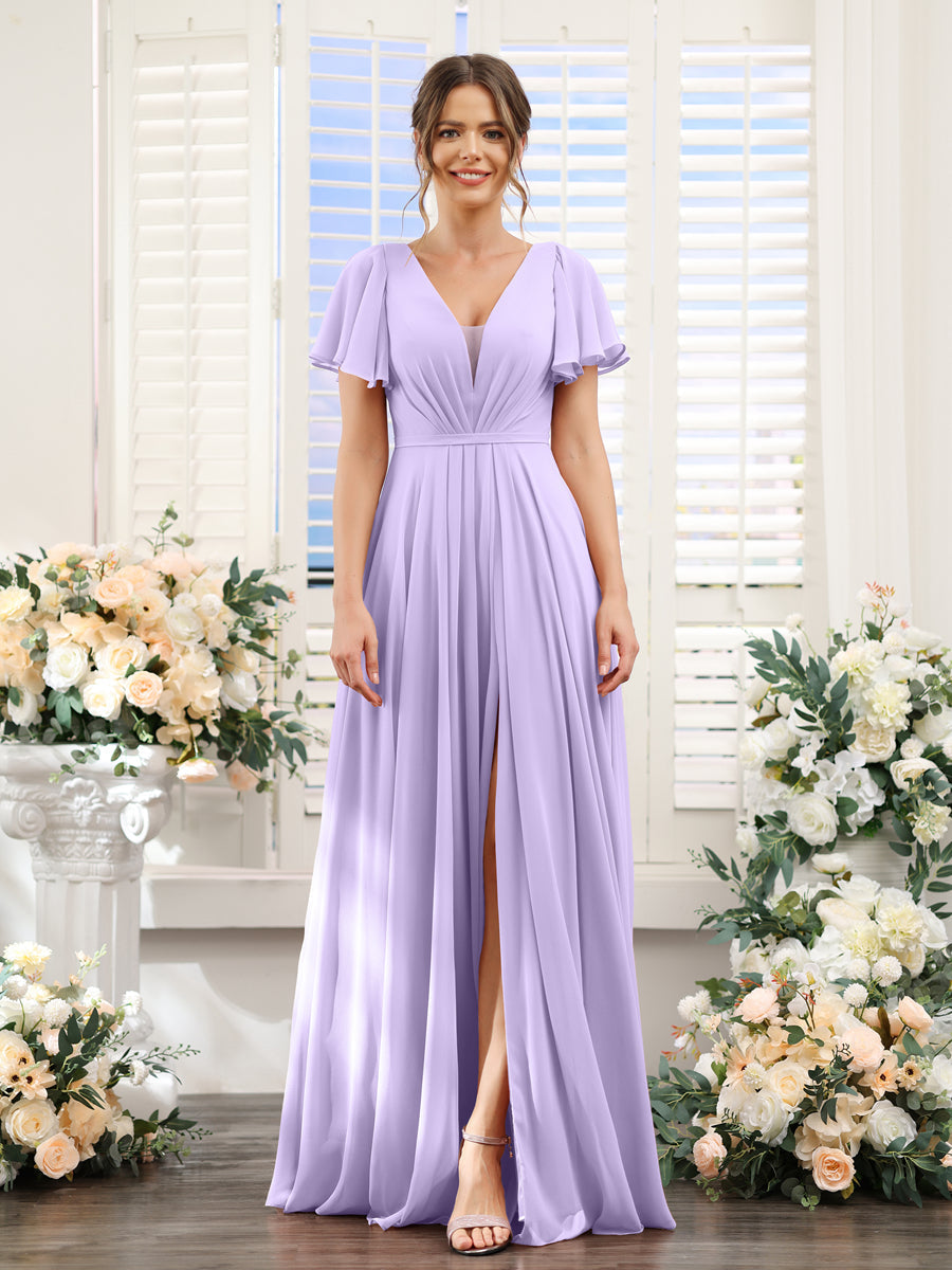 A-Line Deep V-Neck Short Sleeves Split Side Chiffon Bridesmaid Dresses Lilac