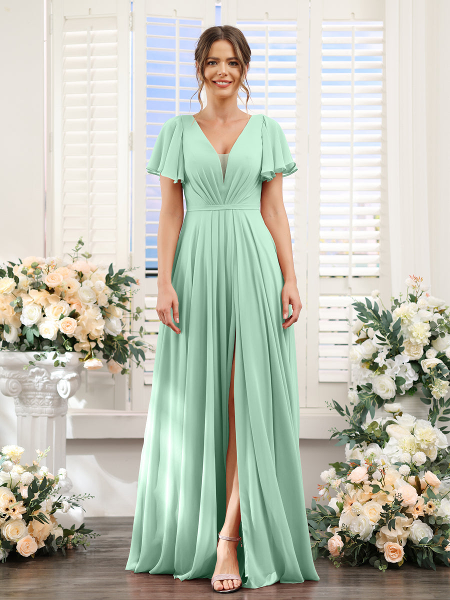 A-Line Deep V-Neck Short Sleeves Split Side Chiffon Bridesmaid Dresses Mint Green