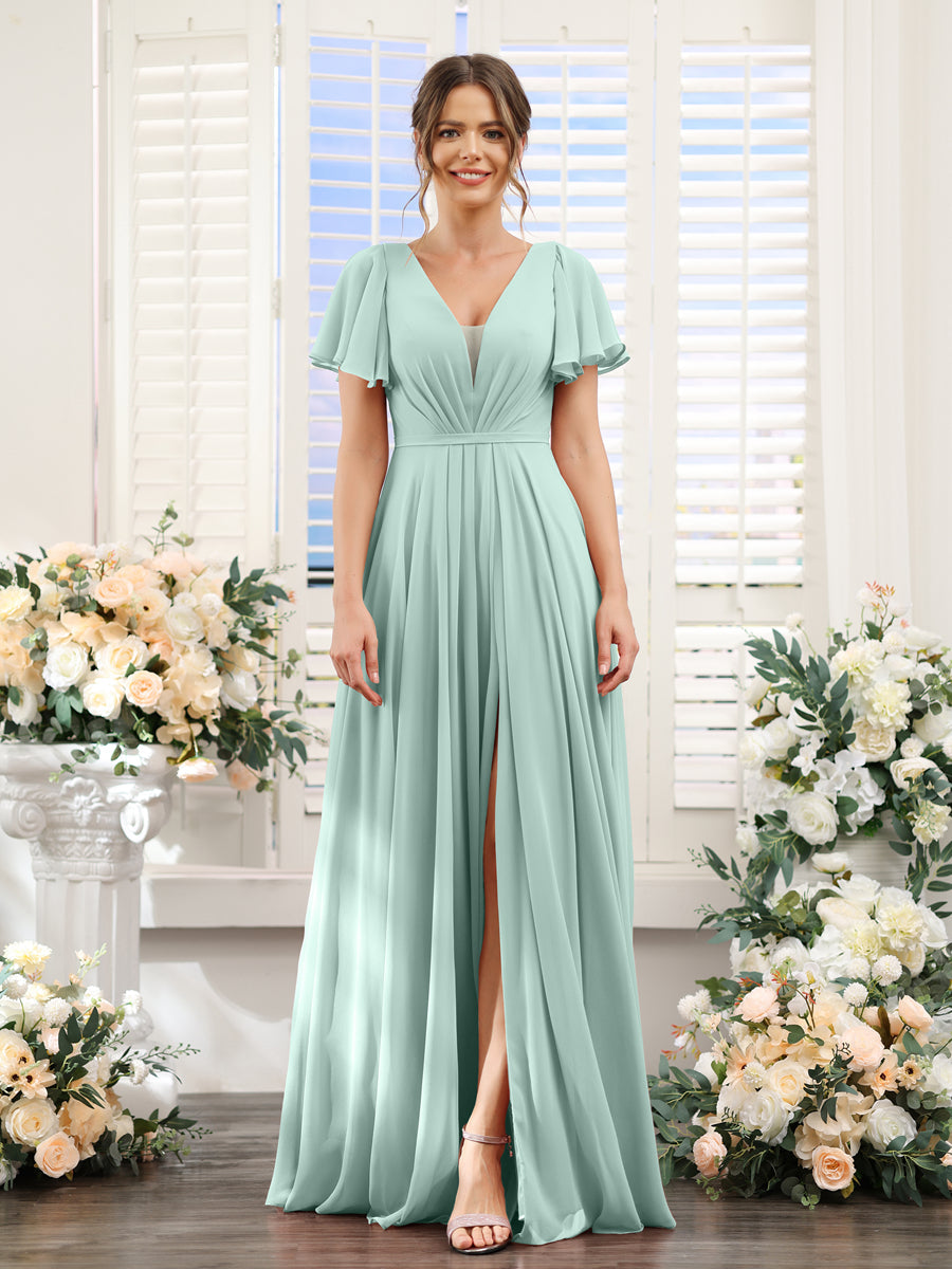 A-Line Deep V-Neck Short Sleeves Split Side Chiffon Bridesmaid Dresses Mist Blue