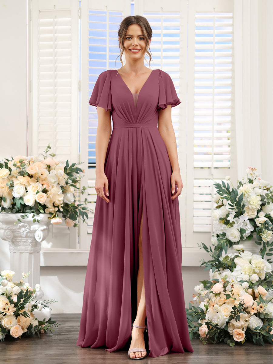 A-Line Deep V-Neck Short Sleeves Split Side Chiffon Bridesmaid Dresses Mulberry