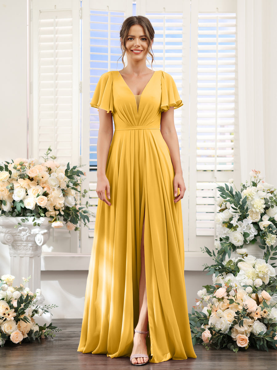 A-Line Deep V-Neck Short Sleeves Split Side Chiffon Bridesmaid Dresses Mustard Yellow