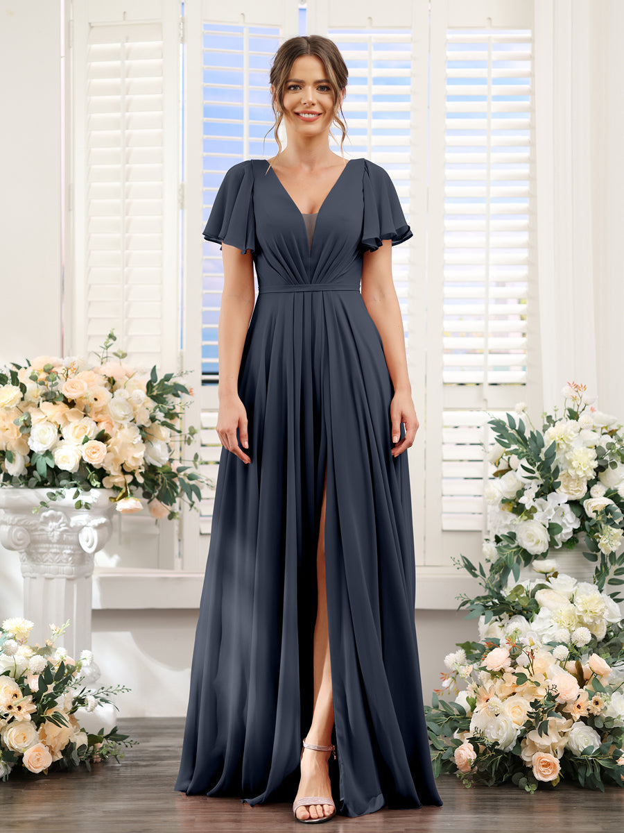 A-Line Deep V-Neck Short Sleeves Split Side Chiffon Bridesmaid Dresses Navy Blue