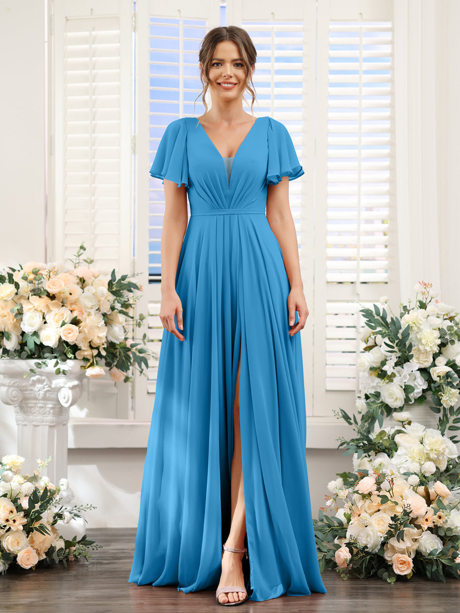 A-Line Deep V-Neck Short Sleeves Split Side Chiffon Bridesmaid Dresses Ocean Blue