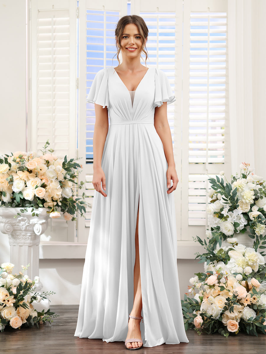 A-Line Deep V-Neck Short Sleeves Split Side Chiffon Bridesmaid Dresses Off White
