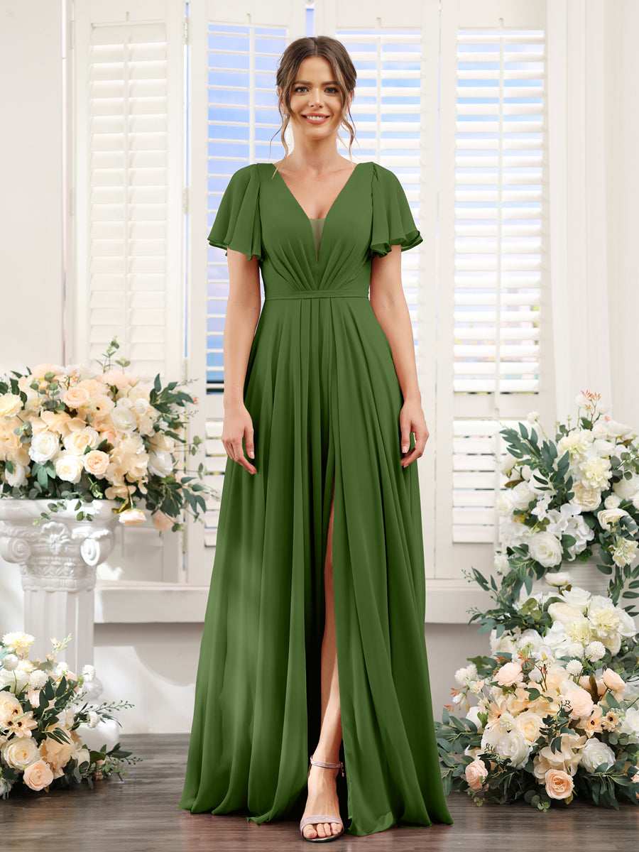 A-Line Deep V-Neck Short Sleeves Split Side Chiffon Bridesmaid Dresses Olive Green