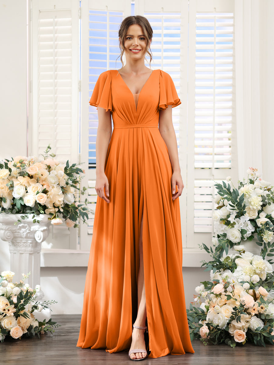 A-Line Deep V-Neck Short Sleeves Split Side Chiffon Bridesmaid Dresses Orange