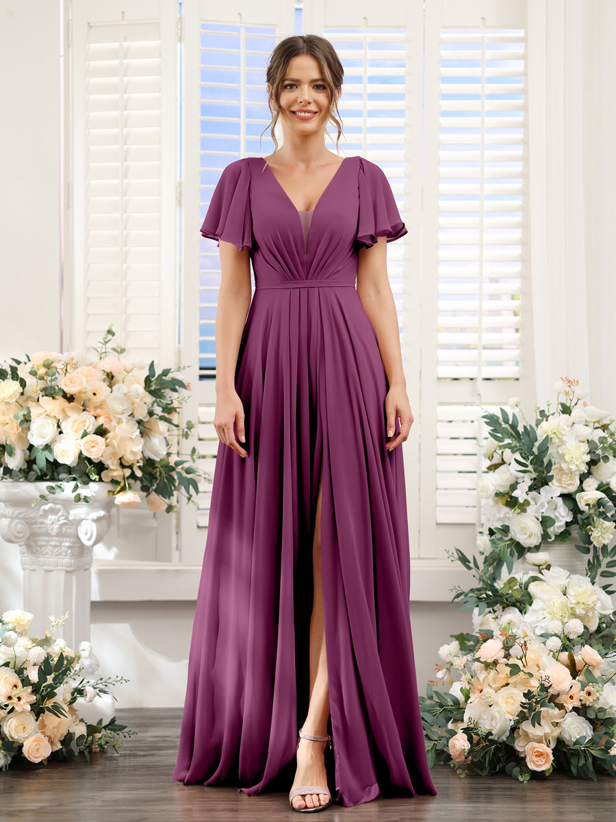 A-Line Deep V-Neck Short Sleeves Split Side Chiffon Bridesmaid Dresses Orchid